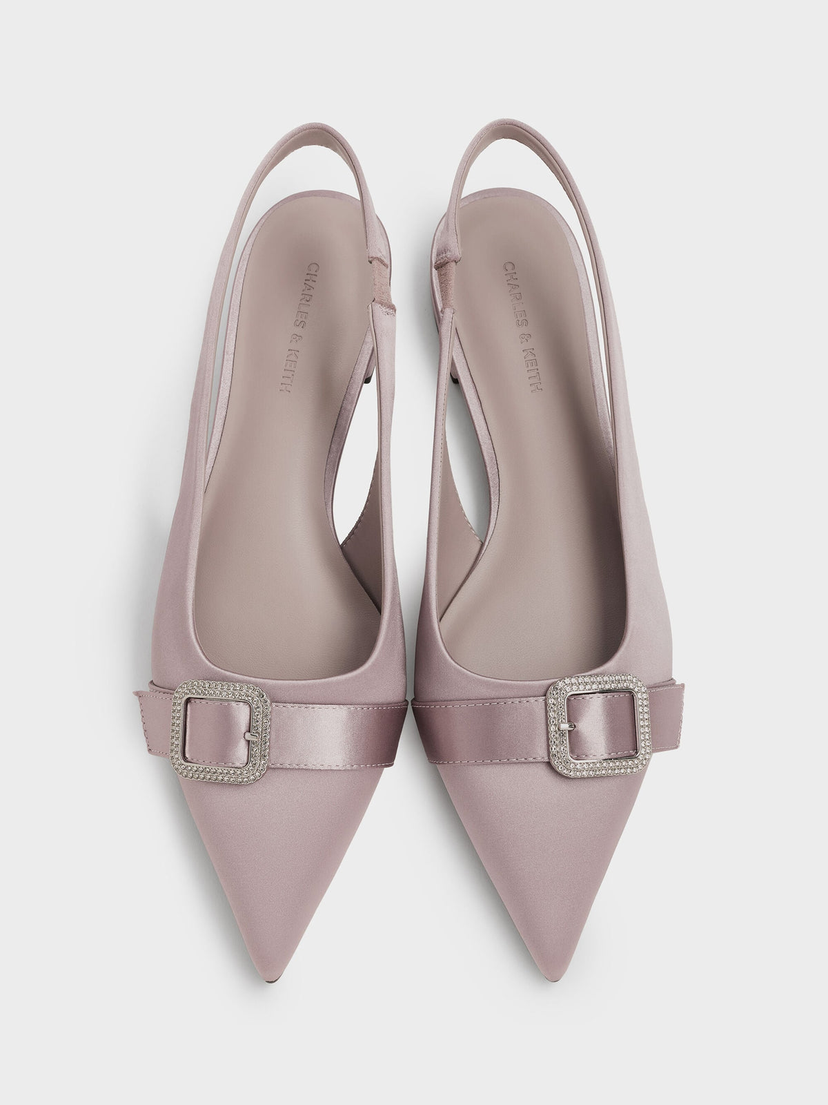 Satin Crystal-Buckle Slingback Flats - Mauve | CHARLES & KEITH