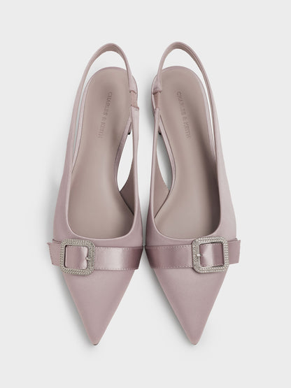 Satin Crystal-Buckle Slingback Flats - Mauve | CHARLES & KEITH