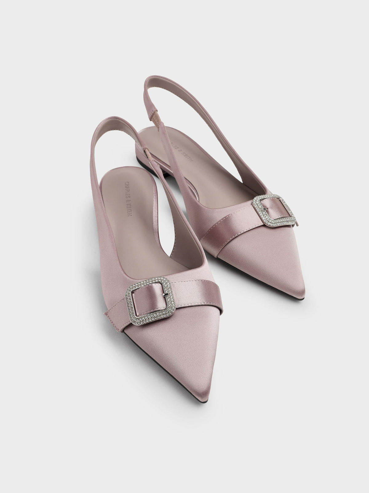 Satin Crystal-Buckle Slingback Flats - Mauve | CHARLES & KEITH