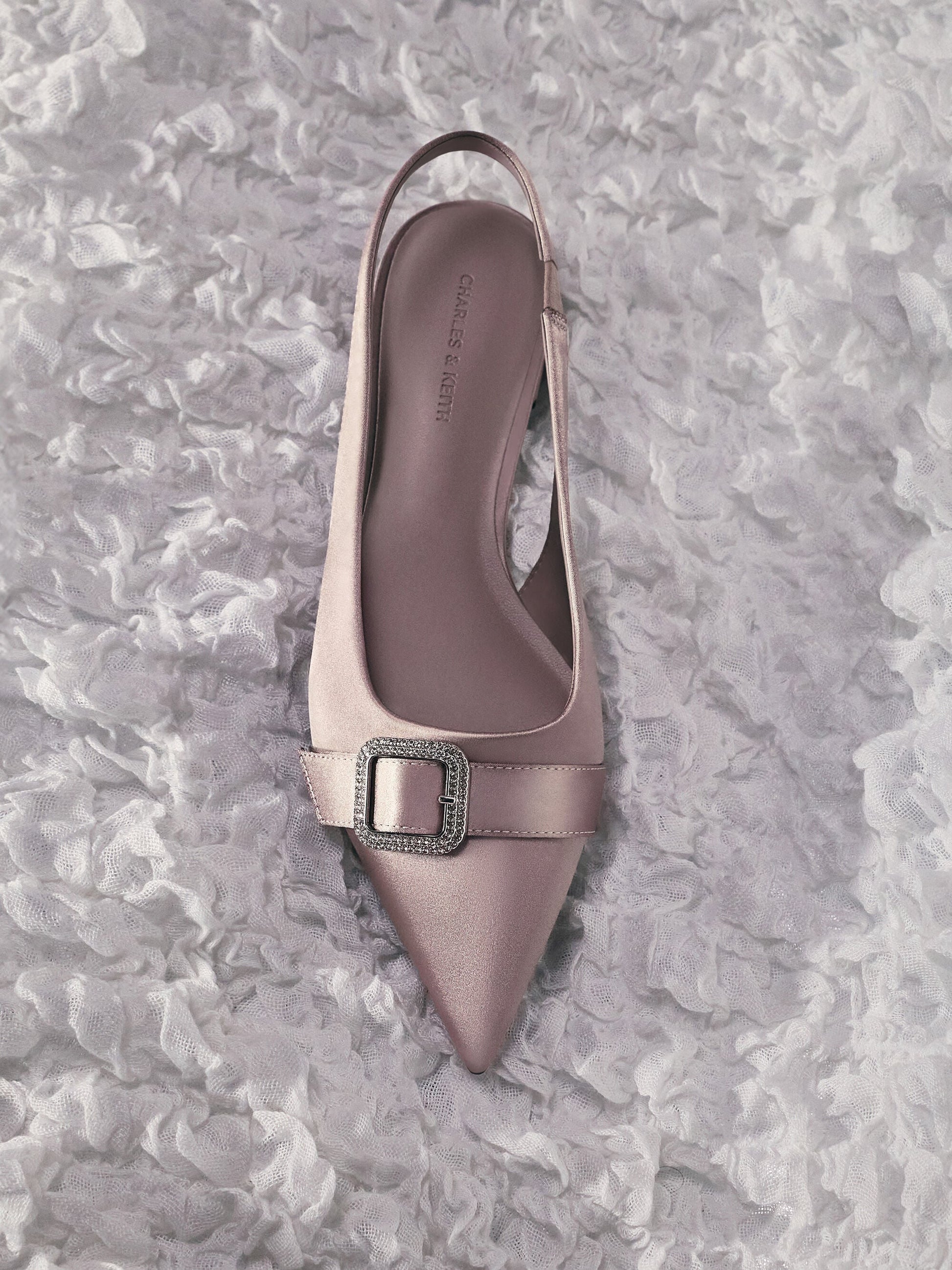 Satin Crystal-Buckle Slingback Flats - Mauve | CHARLES & KEITH