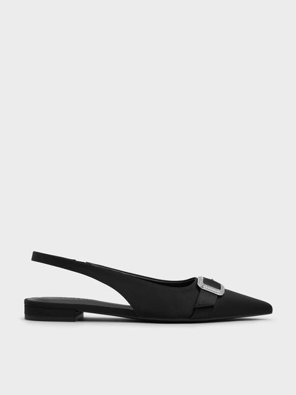 Satin Crystal-Buckle Slingback Flats - Black Textured | CHARLES & KEITH