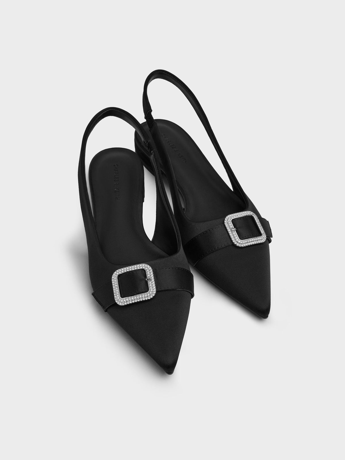 Satin Crystal-Buckle Slingback Flats - Black Textured | CHARLES & KEITH