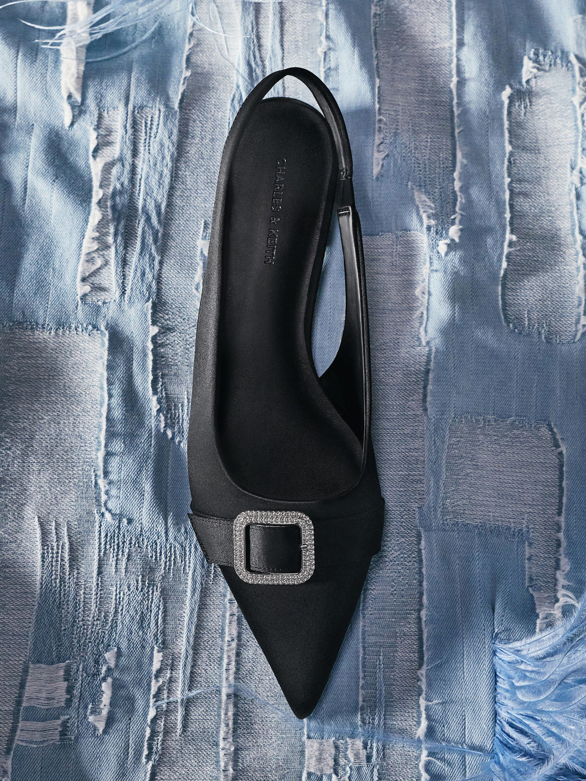 Satin Crystal-Buckle Slingback Flats - Black Textured | CHARLES & KEITH