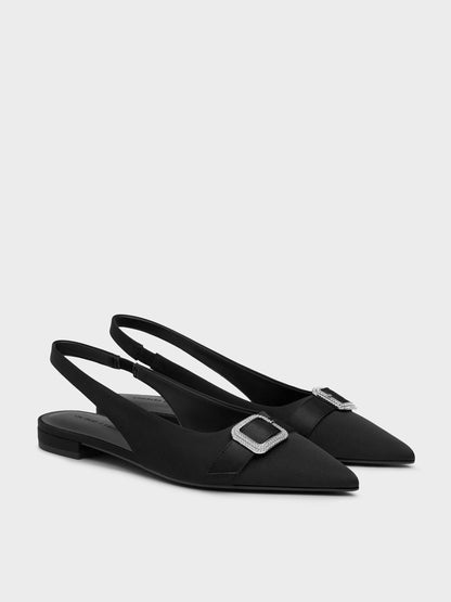 Satin Crystal-Buckle Slingback Flats - Black Textured | CHARLES & KEITH