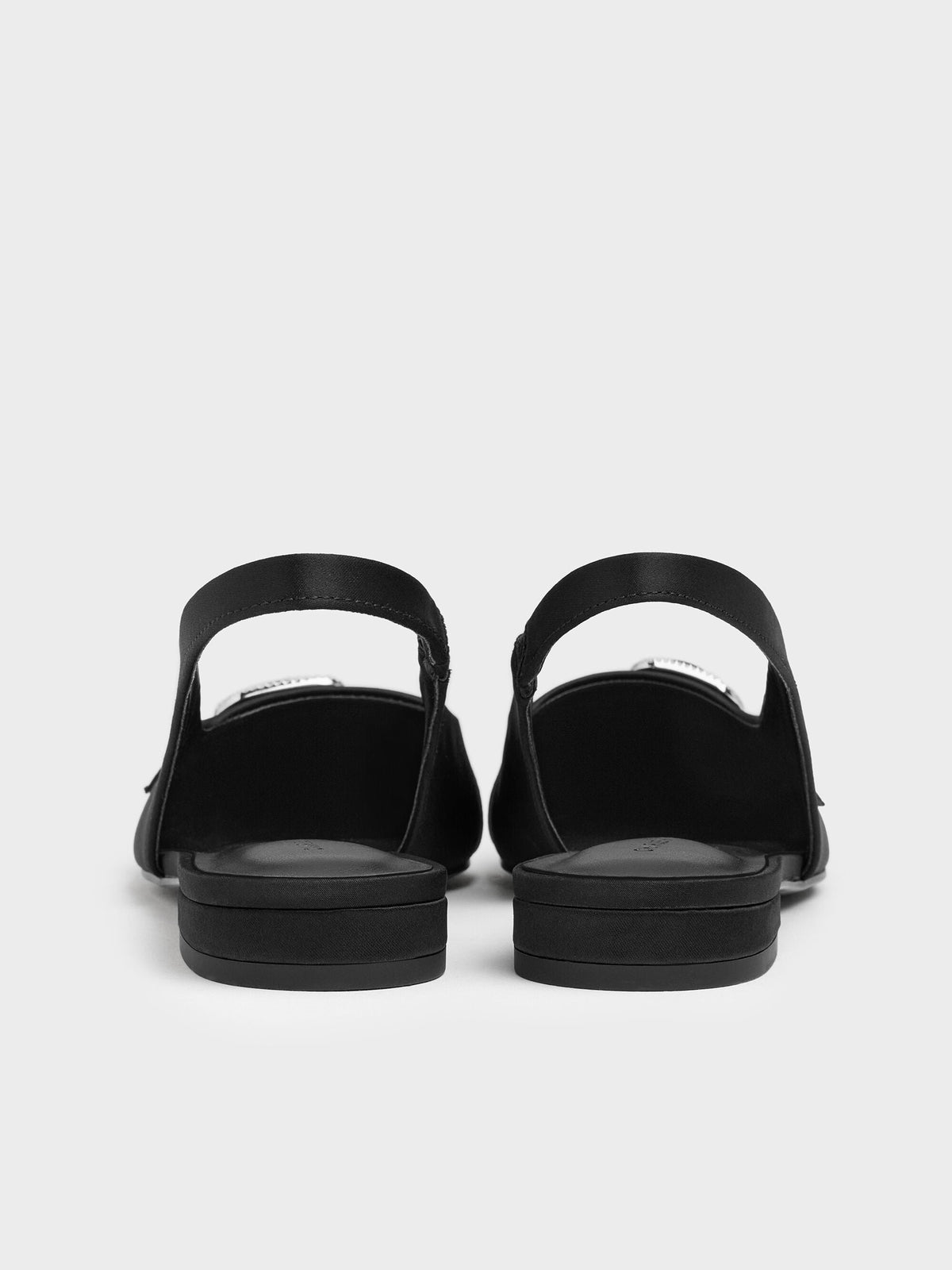 Satin Crystal-Buckle Slingback Flats - Black Textured | CHARLES & KEITH