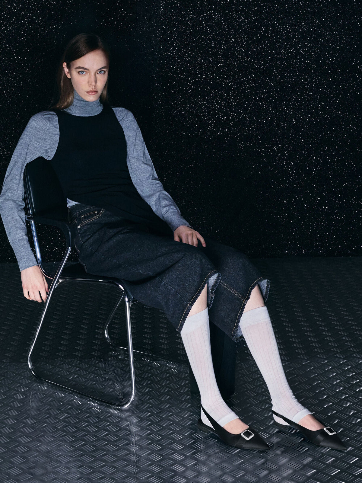 Satin Crystal-Buckle Slingback Flats - Black Textured | CHARLES & KEITH