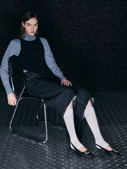 Satin Crystal-Buckle Slingback Flats - Black Textured | CHARLES & KEITH