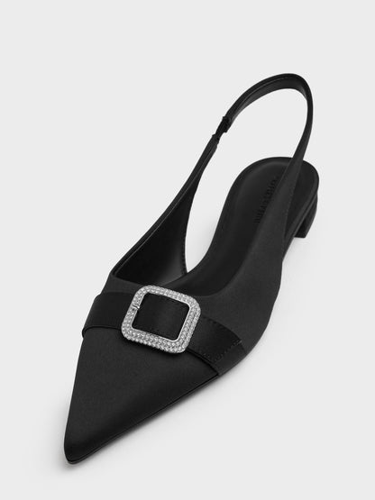 Satin Crystal-Buckle Slingback Flats - Black Textured | CHARLES & KEITH