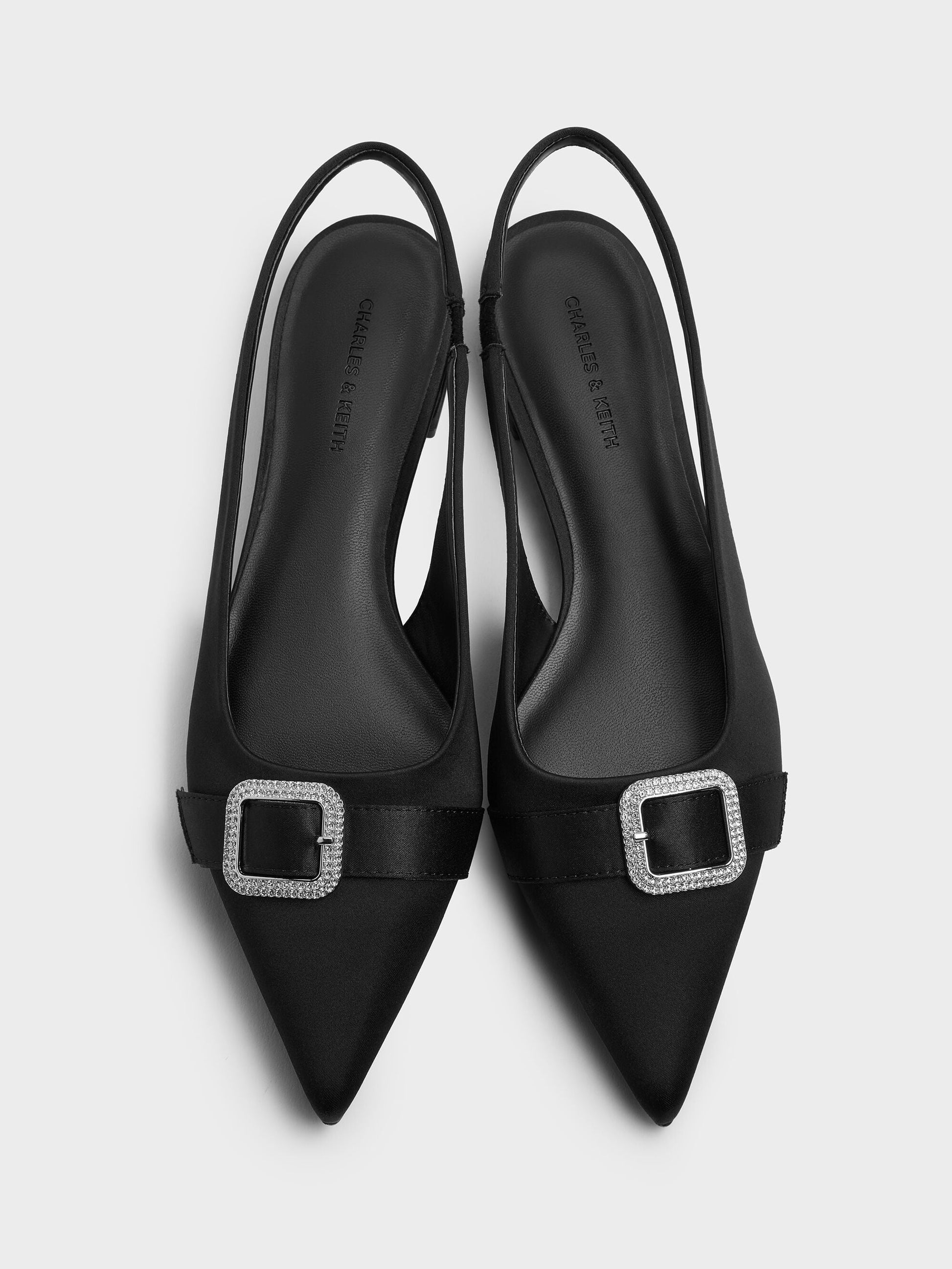 Satin Crystal-Buckle Slingback Flats - Black Textured | CHARLES & KEITH