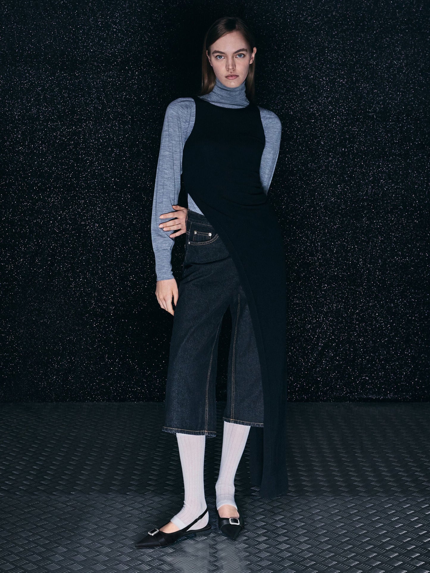 Satin Crystal-Buckle Slingback Flats - Black Textured | CHARLES & KEITH