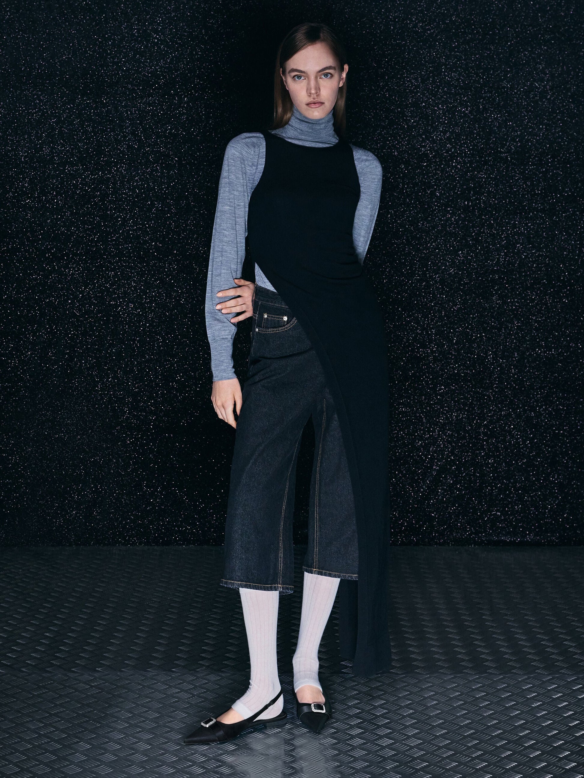 Satin Crystal-Buckle Slingback Flats - Black Textured | CHARLES & KEITH