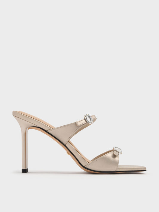 Pearlescent Leather Gem-Buckle Heeled Sandals - Ivory | CHARLES & KEITH