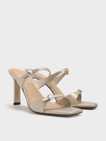 Pearlescent Leather Gem-Buckle Heeled Sandals - Ivory | CHARLES & KEITH