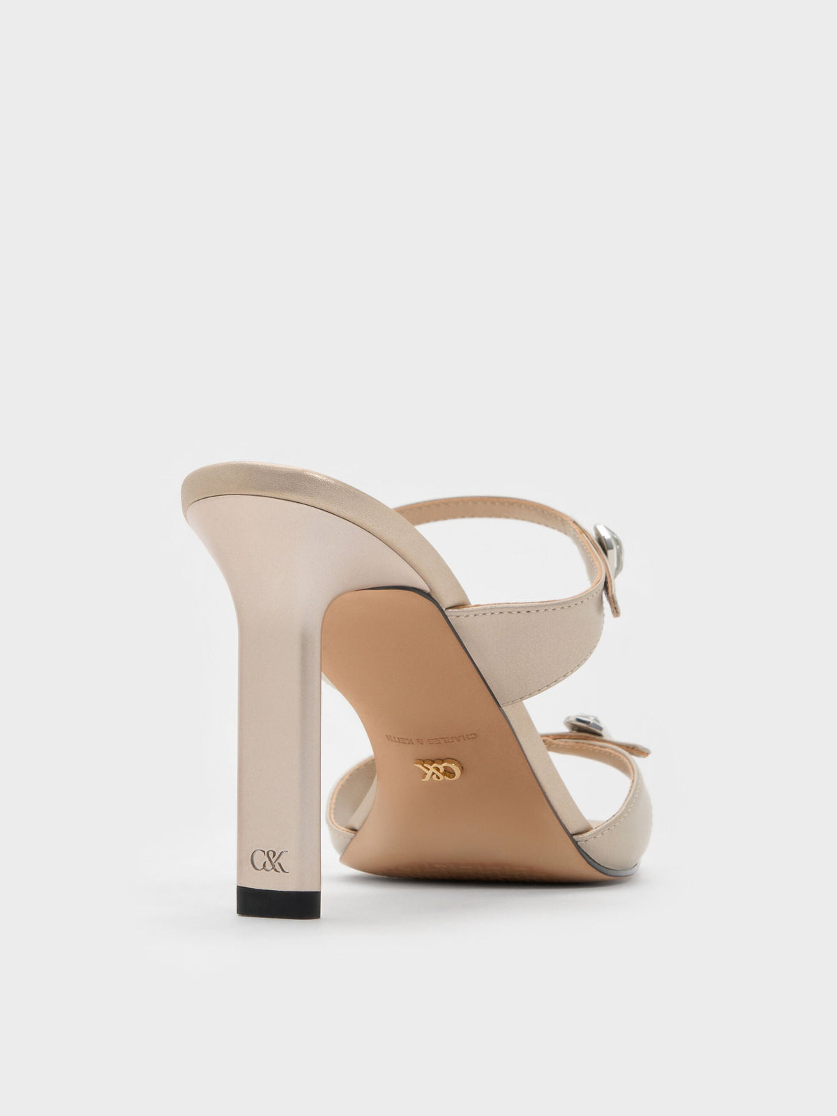 Pearlescent Leather Gem-Buckle Heeled Sandals - Ivory | CHARLES & KEITH