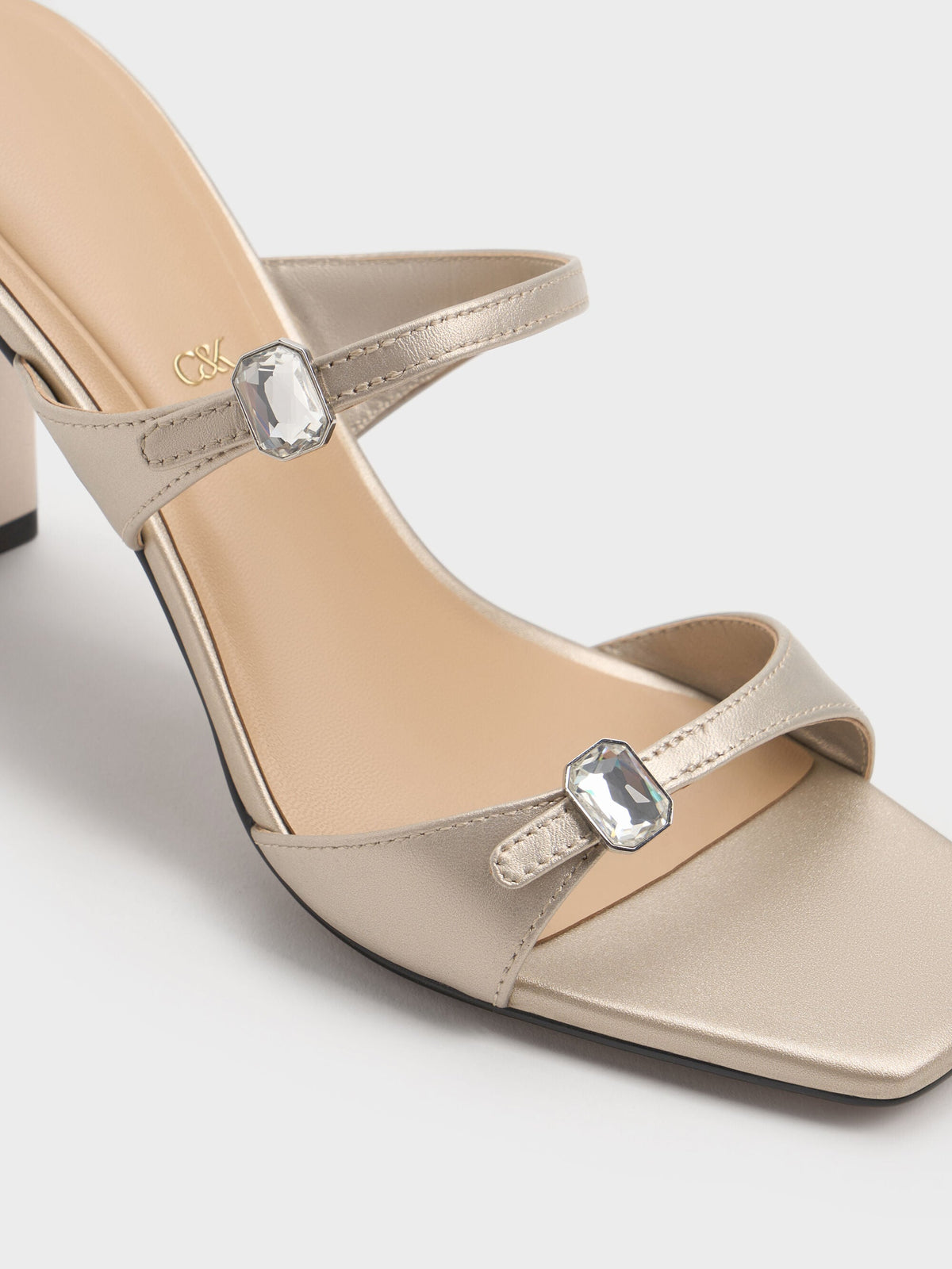 Pearlescent Leather Gem-Buckle Heeled Sandals - Ivory | CHARLES & KEITH