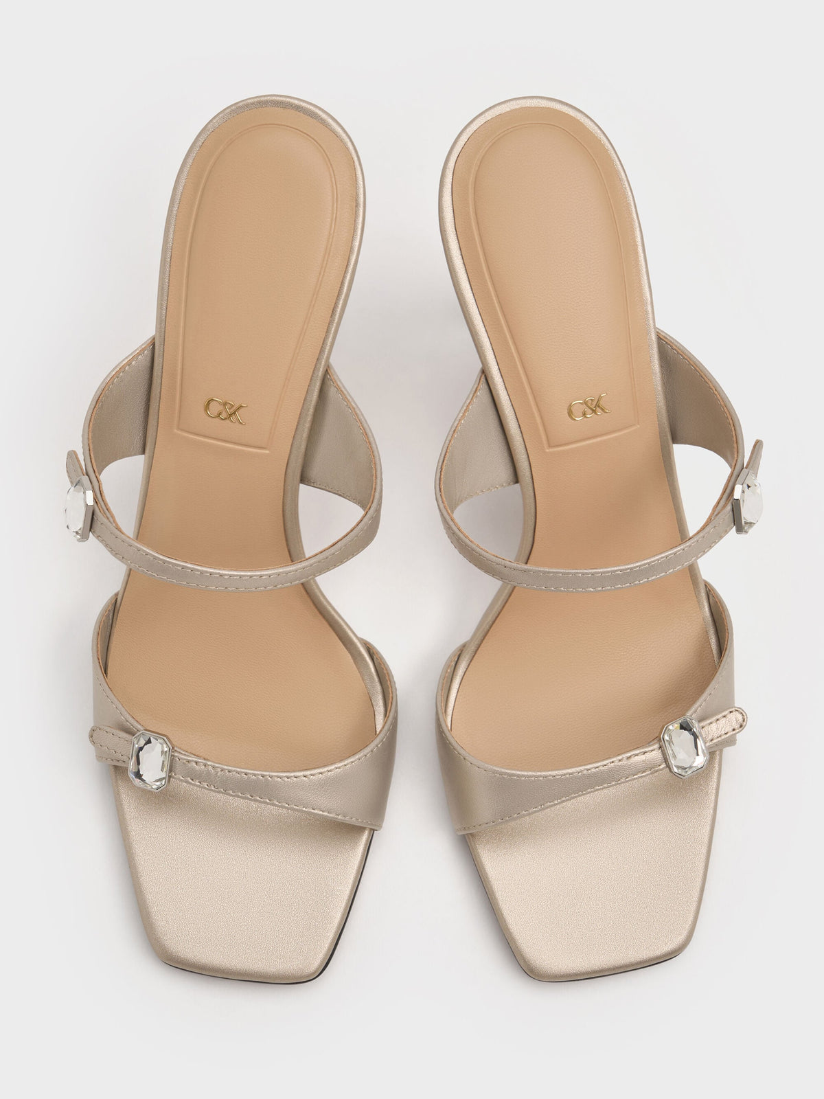 Pearlescent Leather Gem-Buckle Heeled Sandals - Ivory | CHARLES & KEITH
