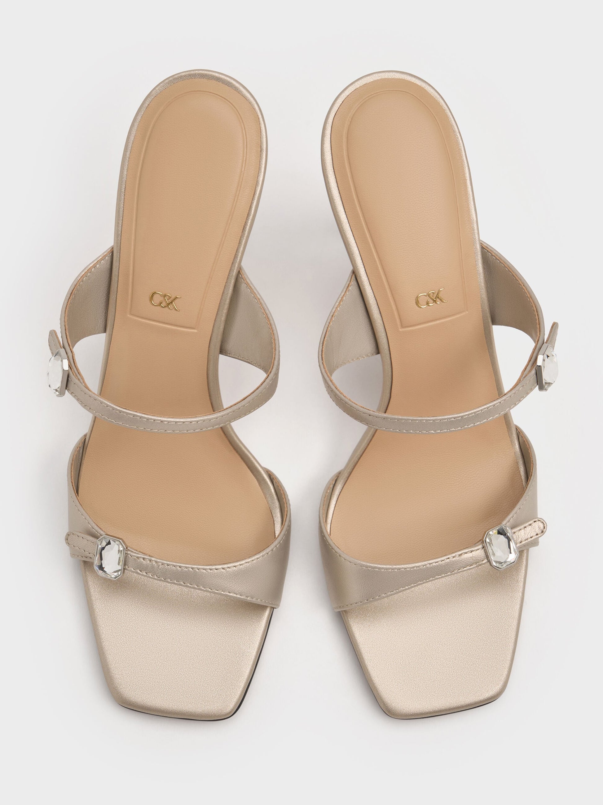 Pearlescent Leather Gem-Buckle Heeled Sandals - Ivory | CHARLES & KEITH