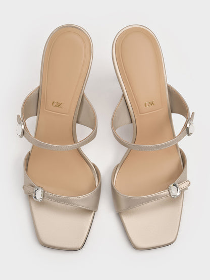 Pearlescent Leather Gem-Buckle Heeled Sandals - Ivory | CHARLES & KEITH