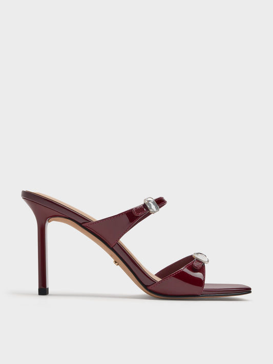 Patent Leather Gem-Buckle Heeled Sandals - Burgundy | CHARLES & KEITH