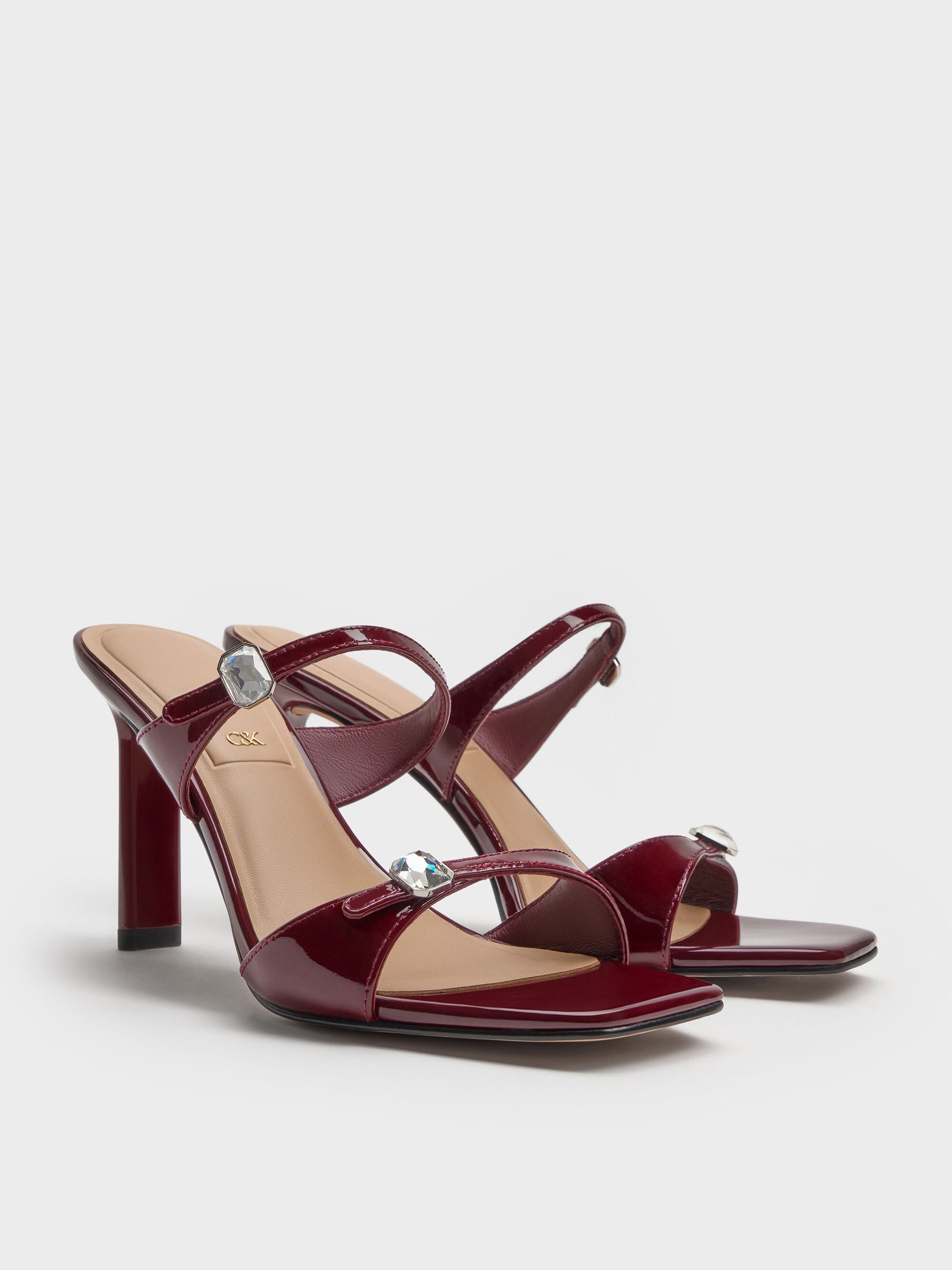 Patent Leather Gem-Buckle Heeled Sandals - Burgundy | CHARLES & KEITH