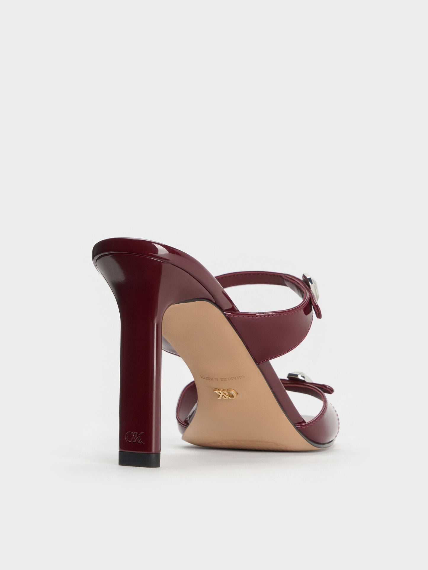Patent Leather Gem-Buckle Heeled Sandals - Burgundy | CHARLES & KEITH