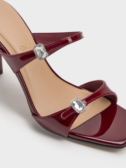 Patent Leather Gem-Buckle Heeled Sandals - Burgundy | CHARLES & KEITH