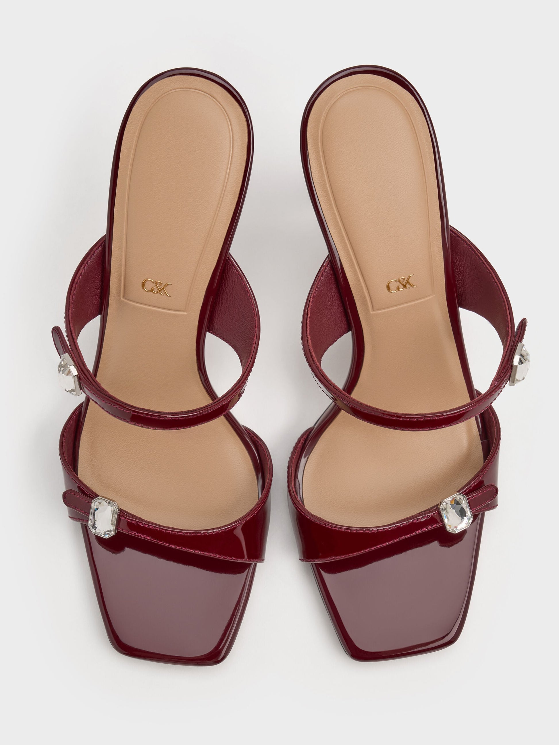 Patent Leather Gem-Buckle Heeled Sandals - Burgundy | CHARLES & KEITH