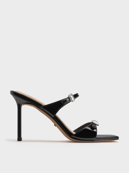 Patent Leather Gem-Buckle Heeled Sandals - Black Patent | CHARLES & KEITH