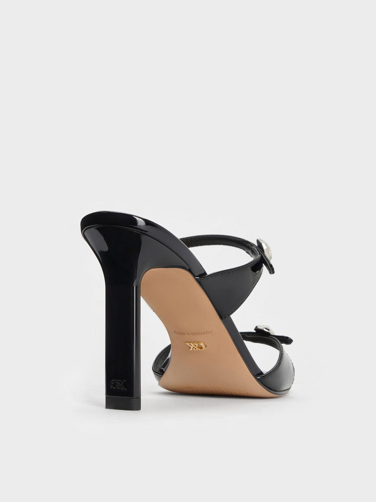 Patent Leather Gem-Buckle Heeled Sandals - Black Patent | CHARLES & KEITH