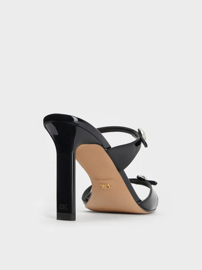 Patent Leather Gem-Buckle Heeled Sandals - Black Patent | CHARLES & KEITH