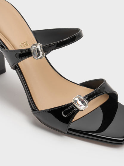 Patent Leather Gem-Buckle Heeled Sandals - Black Patent | CHARLES & KEITH