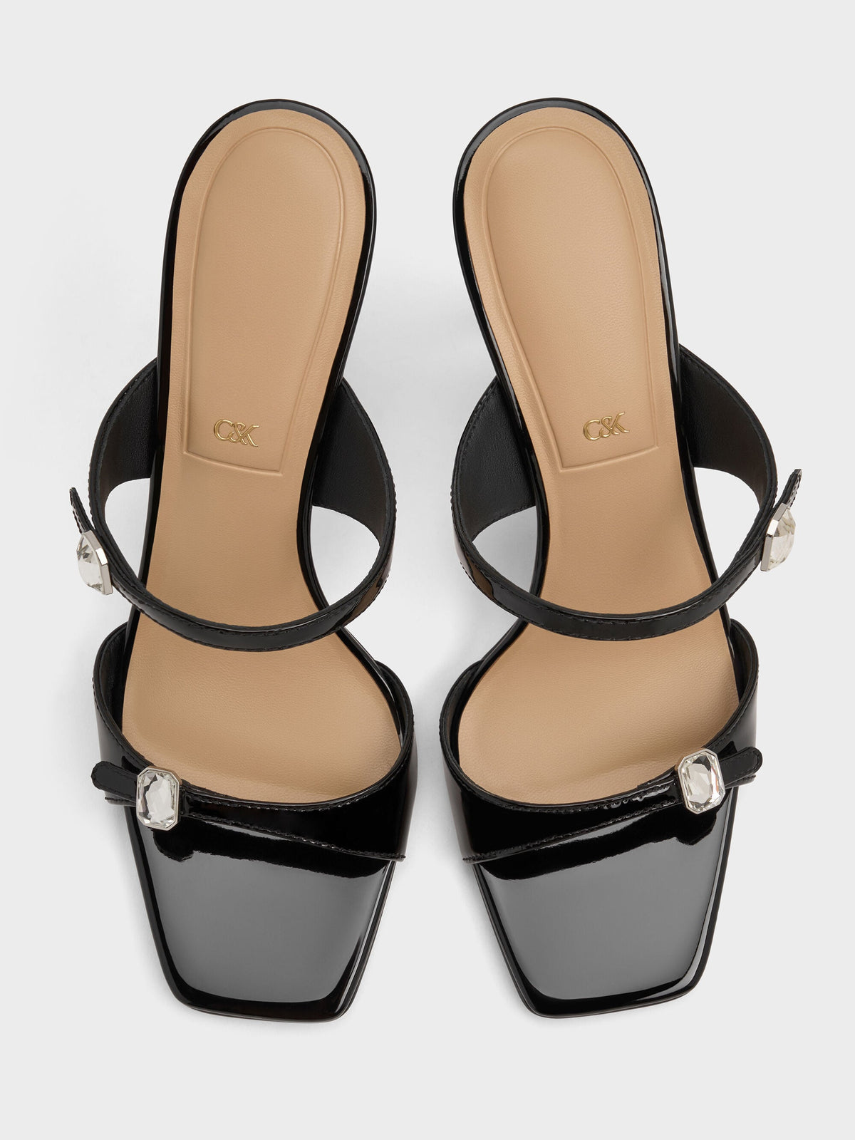 Patent Leather Gem-Buckle Heeled Sandals - Black Patent | CHARLES & KEITH