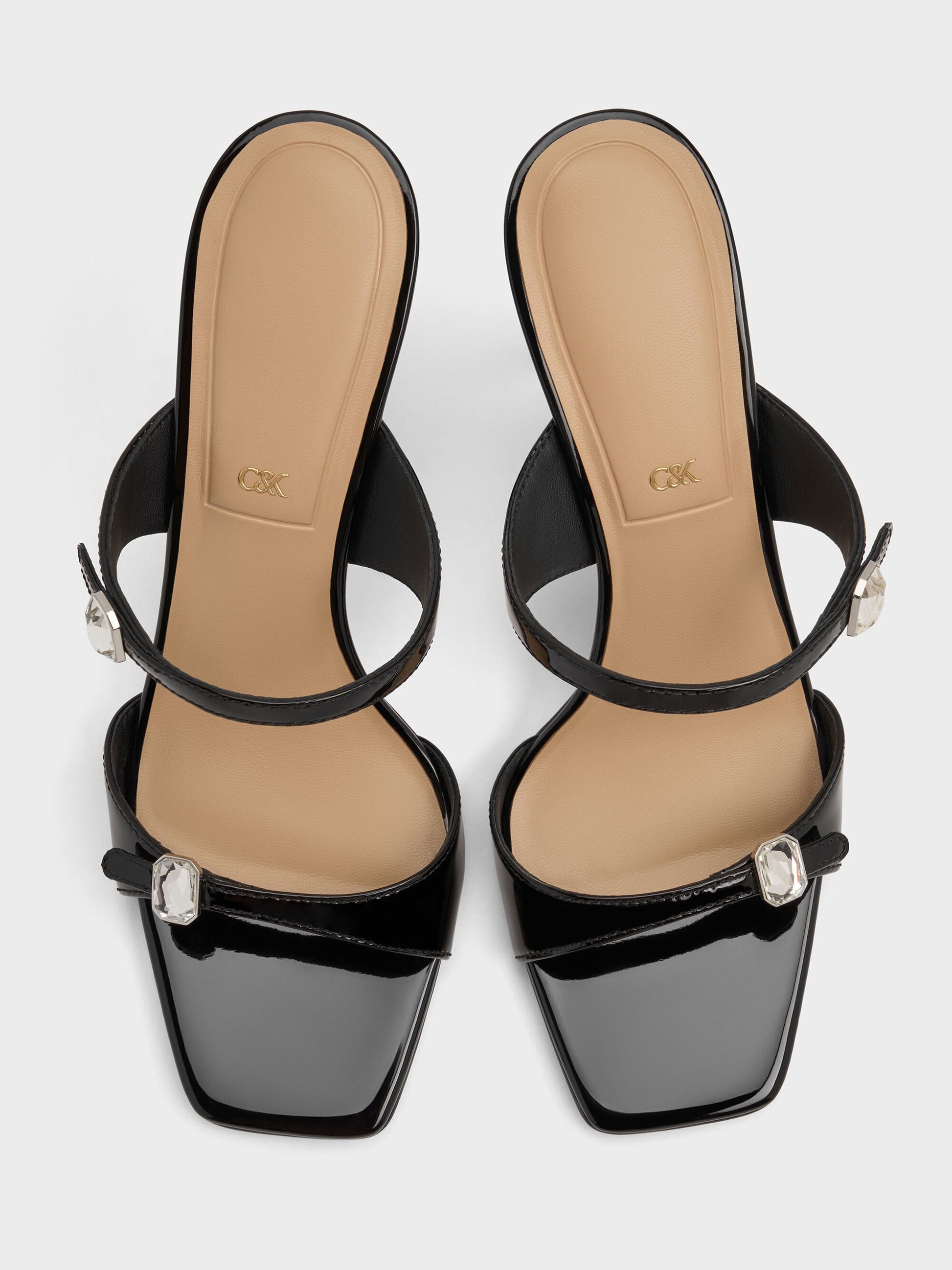 Patent Leather Gem-Buckle Heeled Sandals - Black Patent | CHARLES & KEITH