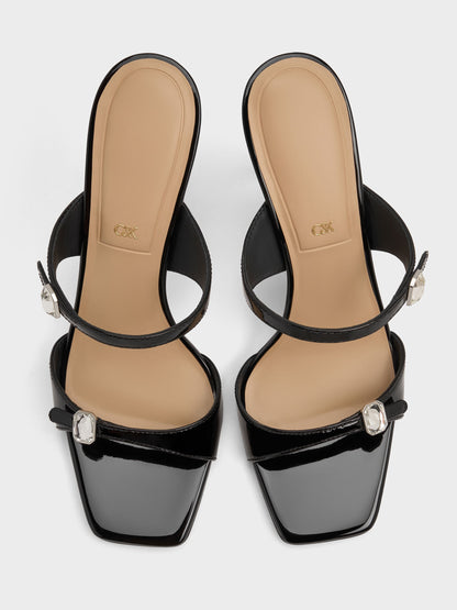 Patent Leather Gem-Buckle Heeled Sandals - Black Patent | CHARLES & KEITH