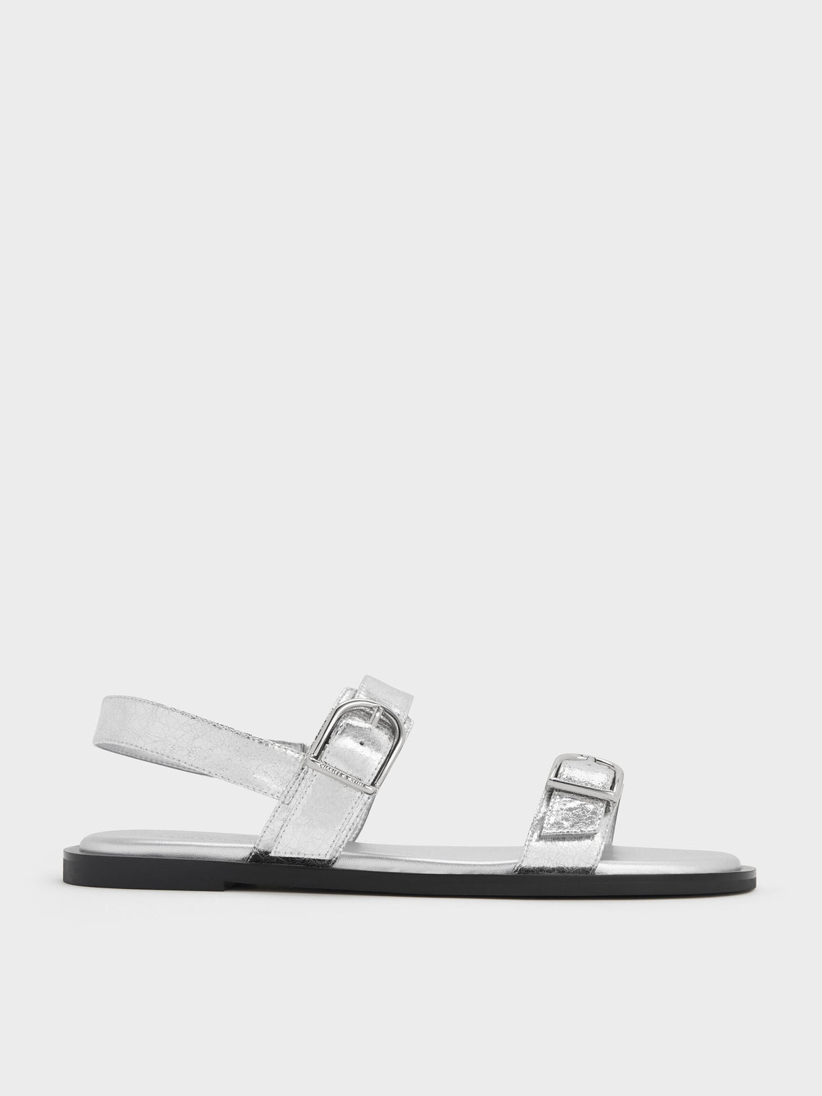 Metallic Double-Strap Slingback Sandals - Silver | CHARLES & KEITH