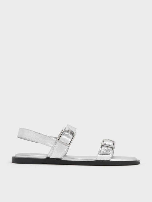 Metallic Double-Strap Slingback Sandals - Silver | CHARLES & KEITH