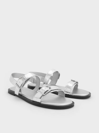 Metallic Double-Strap Slingback Sandals - Silver | CHARLES & KEITH