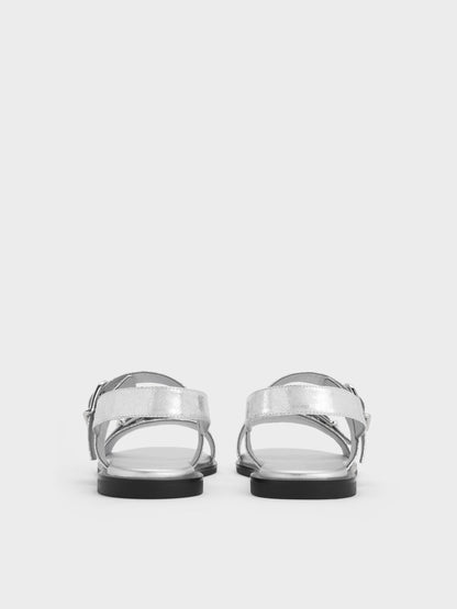 Metallic Double-Strap Slingback Sandals - Silver | CHARLES & KEITH