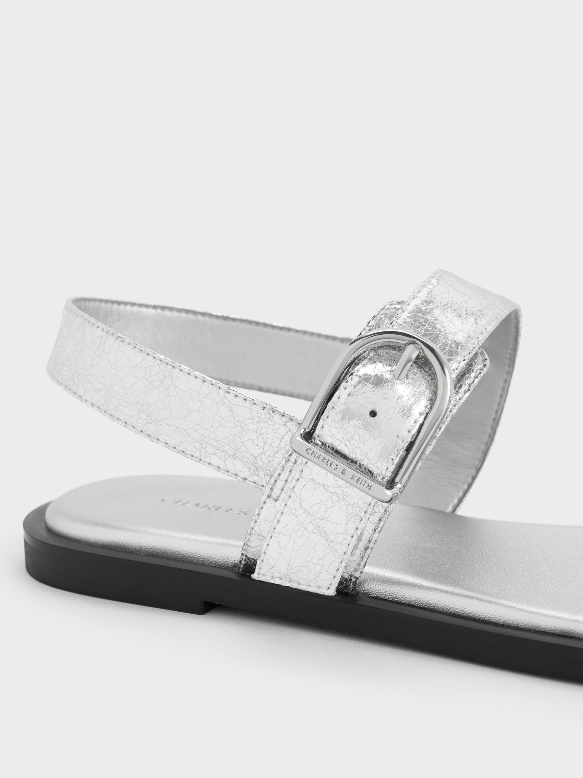Metallic Double-Strap Slingback Sandals - Silver | CHARLES & KEITH