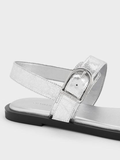 Metallic Double-Strap Slingback Sandals - Silver | CHARLES & KEITH