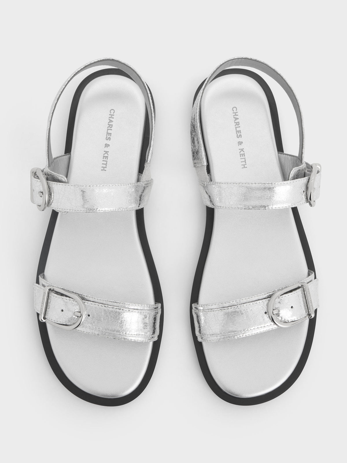 Metallic Double-Strap Slingback Sandals - Silver | CHARLES & KEITH