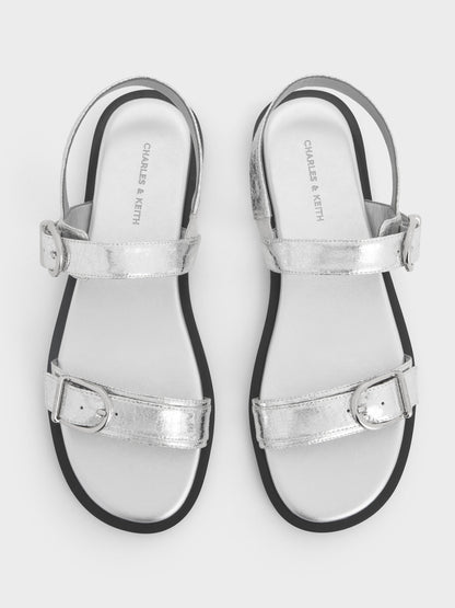Metallic Double-Strap Slingback Sandals - Silver | CHARLES & KEITH