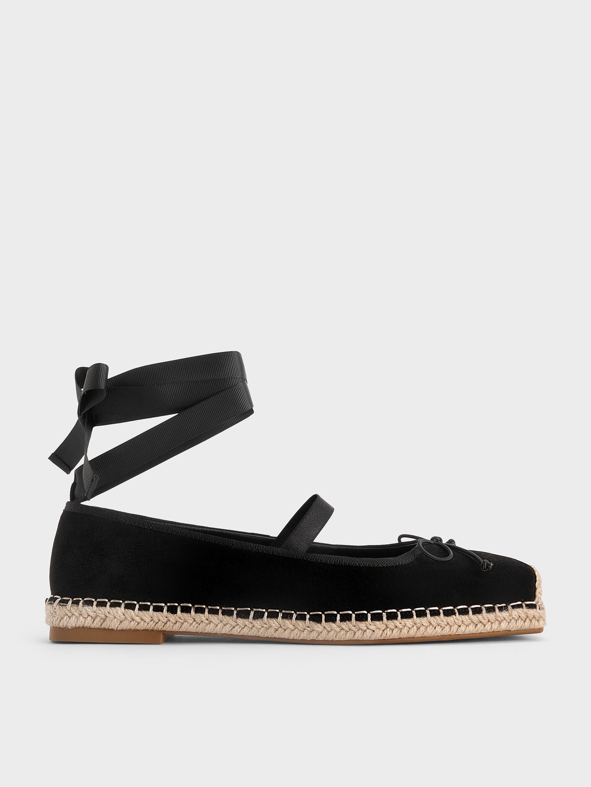 Bernadine Faux Suede Espadrille Flats - Black Textured | CHARLES & KEITH