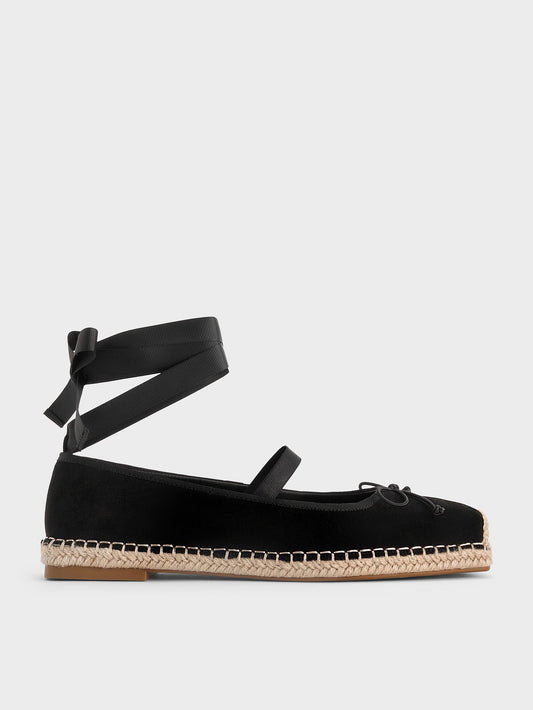 Bernadine Faux Suede Espadrille Flats - Black Textured | CHARLES & KEITH