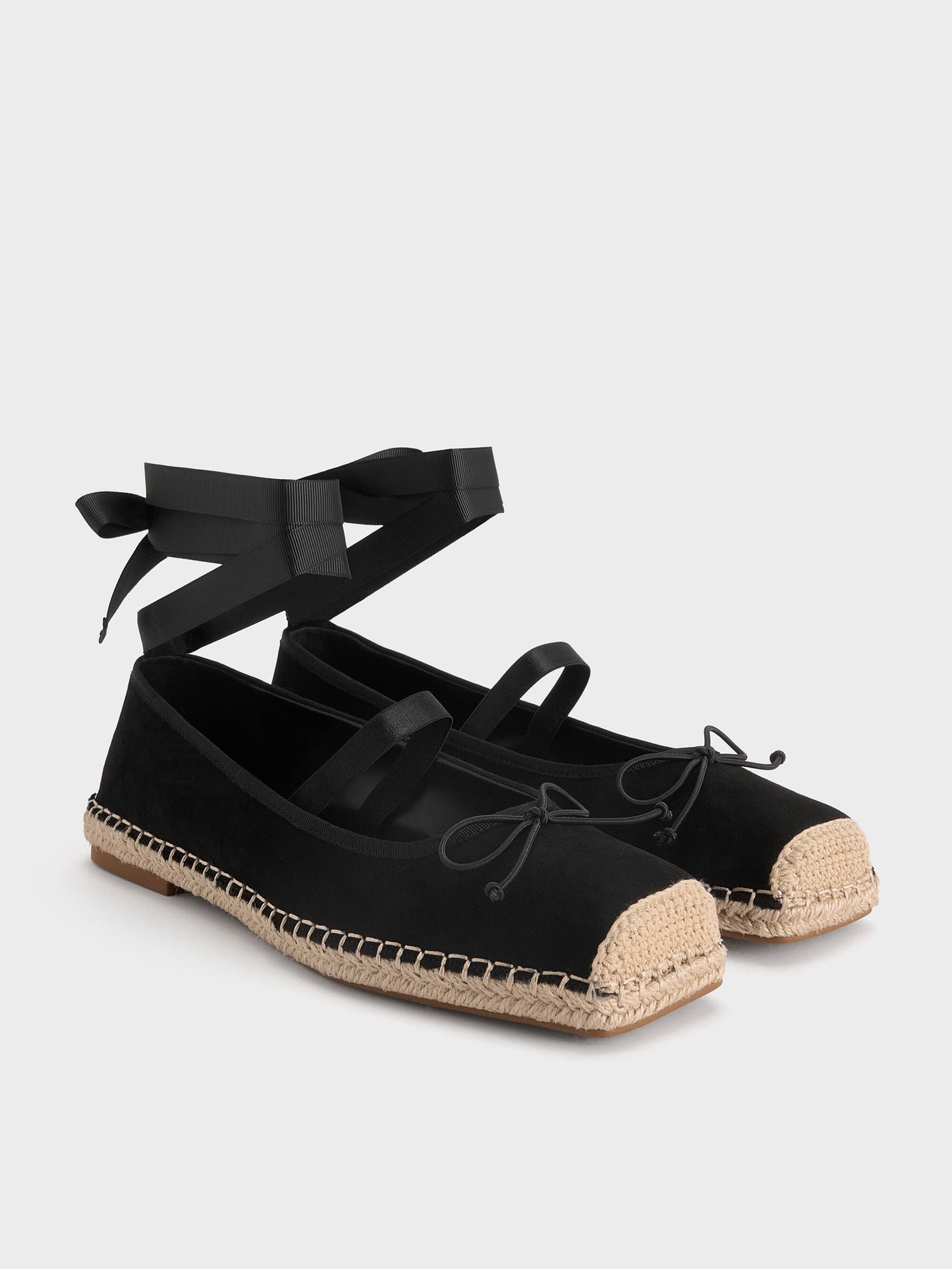 Bernadine Faux Suede Espadrille Flats - Black Textured | CHARLES & KEITH
