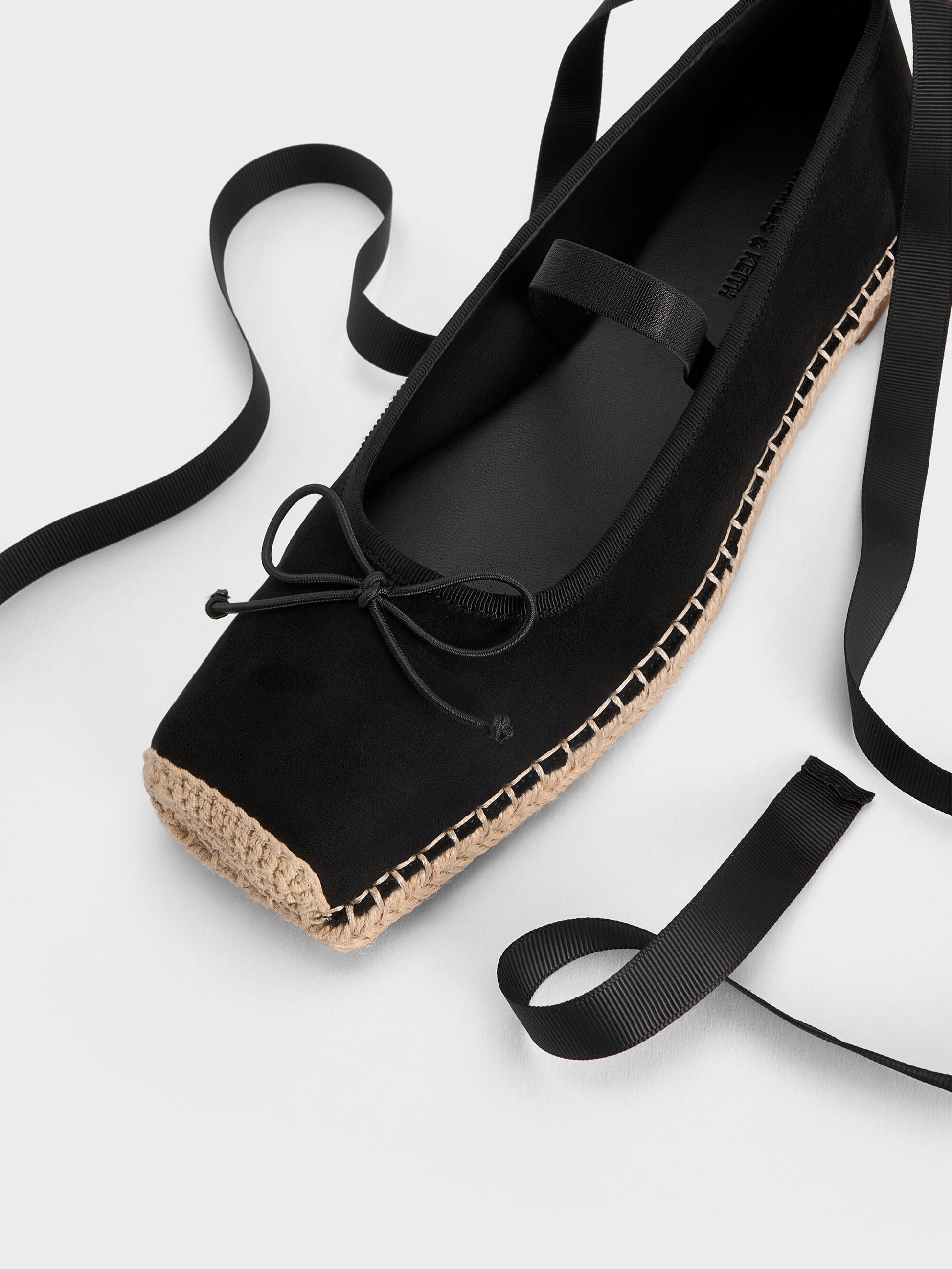 Bernadine Faux Suede Espadrille Flats - Black Textured | CHARLES & KEITH