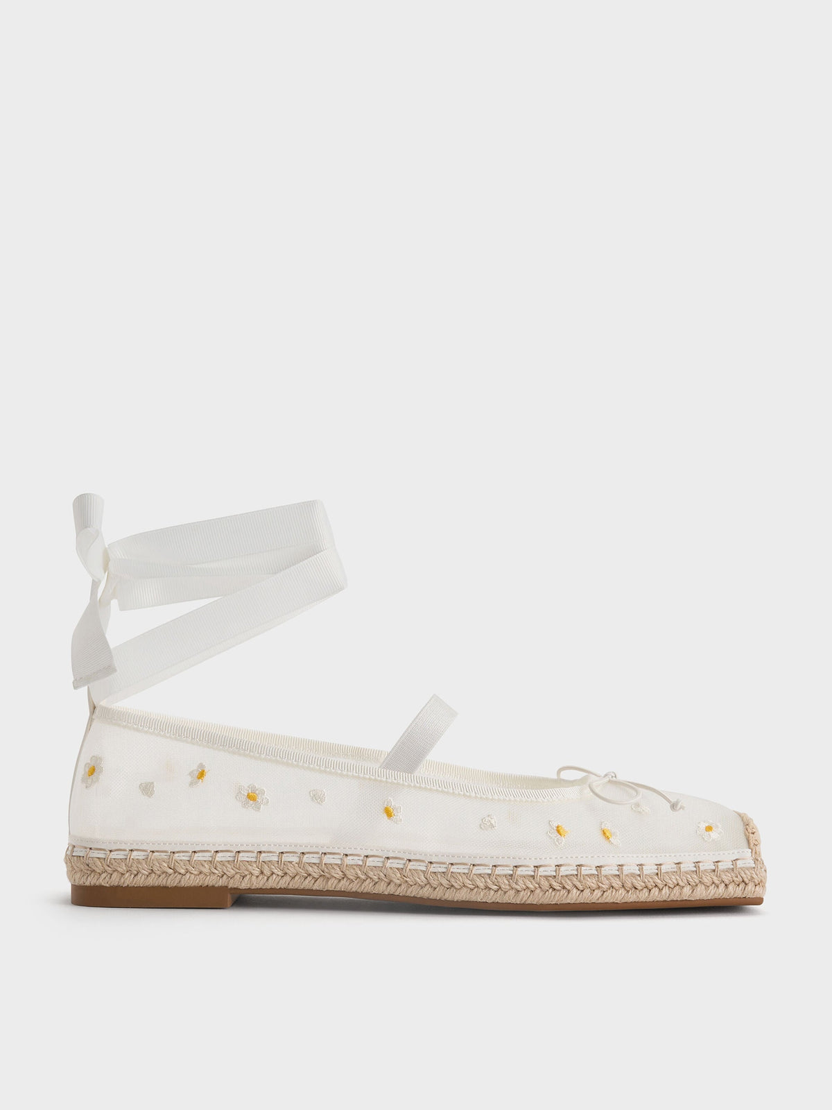 Bernadine Mesh Flower Espadrille Flats - White | CHARLES & KEITH
