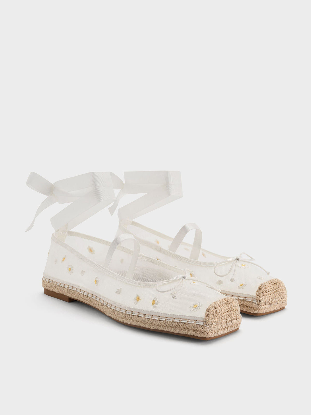 Bernadine Mesh Flower Espadrille Flats - White | CHARLES & KEITH