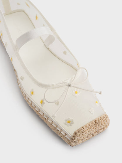 Bernadine Mesh Flower Espadrille Flats - White | CHARLES & KEITH