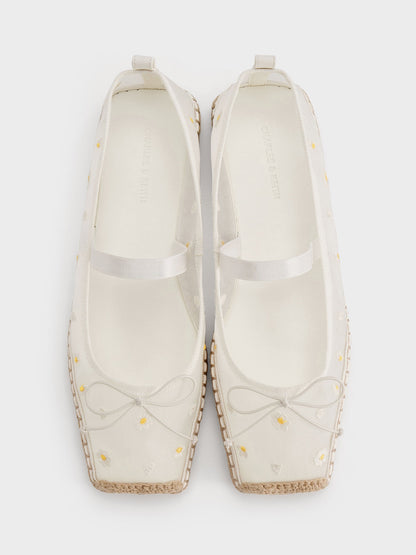 Bernadine Mesh Flower Espadrille Flats - White | CHARLES & KEITH